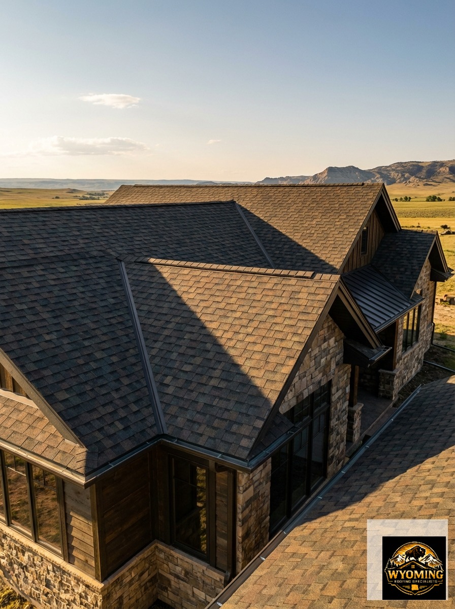 Pristine newly installed asphalt roof on a Cheyenne home after comprehensive storm damage restoration