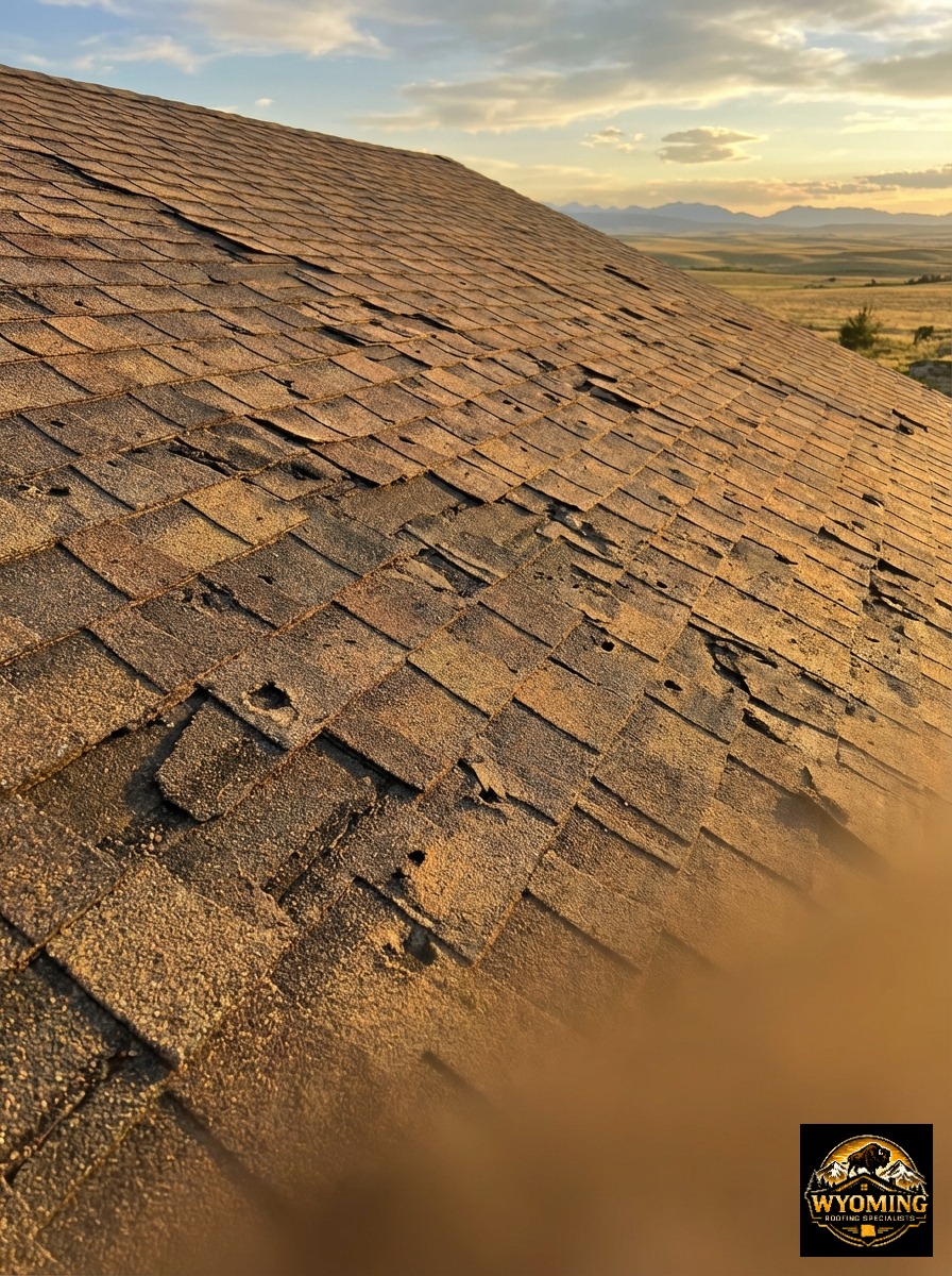 Residential asphalt roof showing severe hail and storm damage before restoration
