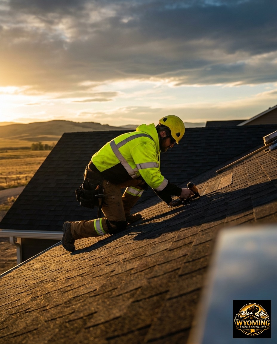 Professional Wyoming Roofing Specialists crew member in high-visibility yellow safety gear actively working on a residential roof in Cheyenne