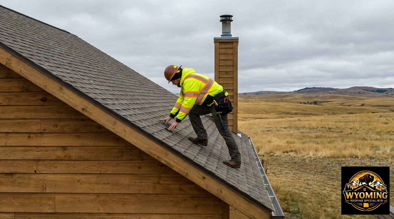 Professional roofer in high-visibility gear conducting an honest assessment of a Wyoming roof