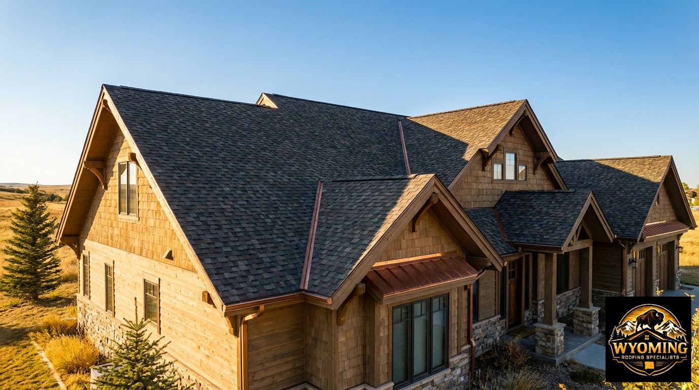 Completed residential asphalt roof in Cheyenne, Wyoming after full insurance claim restoration