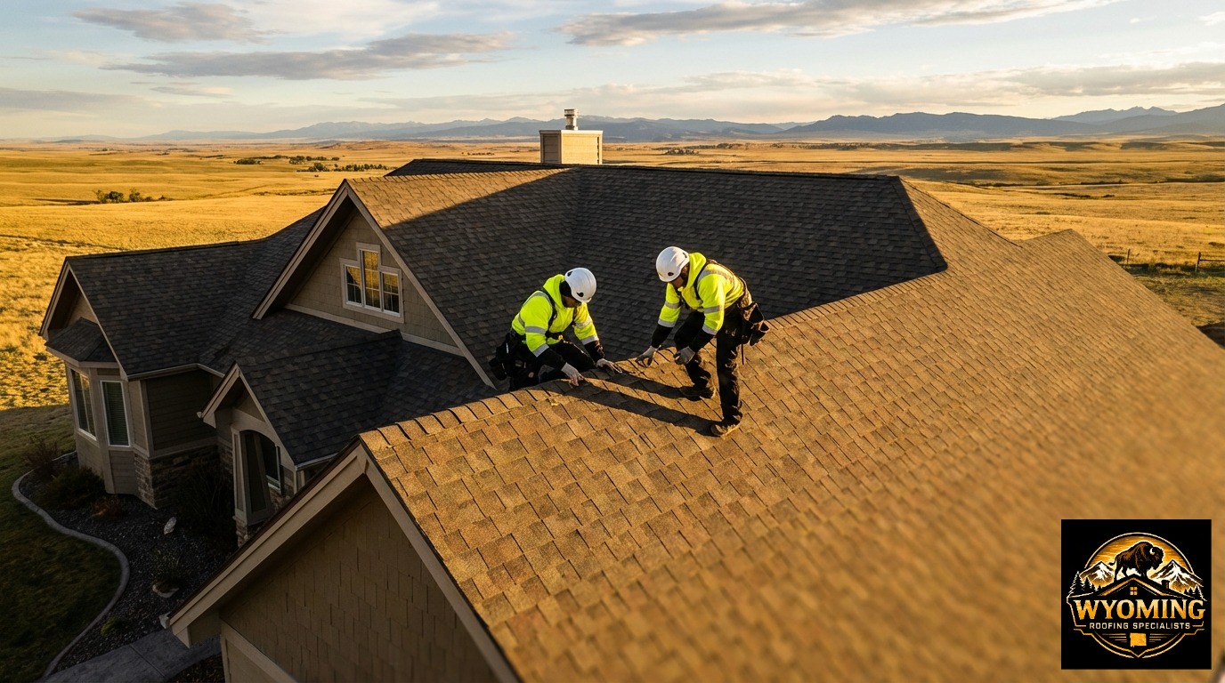 Drone view of professional roofers inspecting a resilient asphalt roof in Laramie, Wyoming