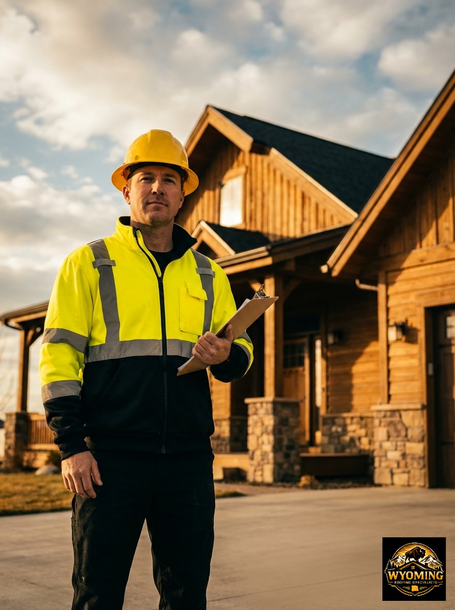 Professional roofer in high-visibility yellow safety gear standing confidently in front of a residential home in Wyoming