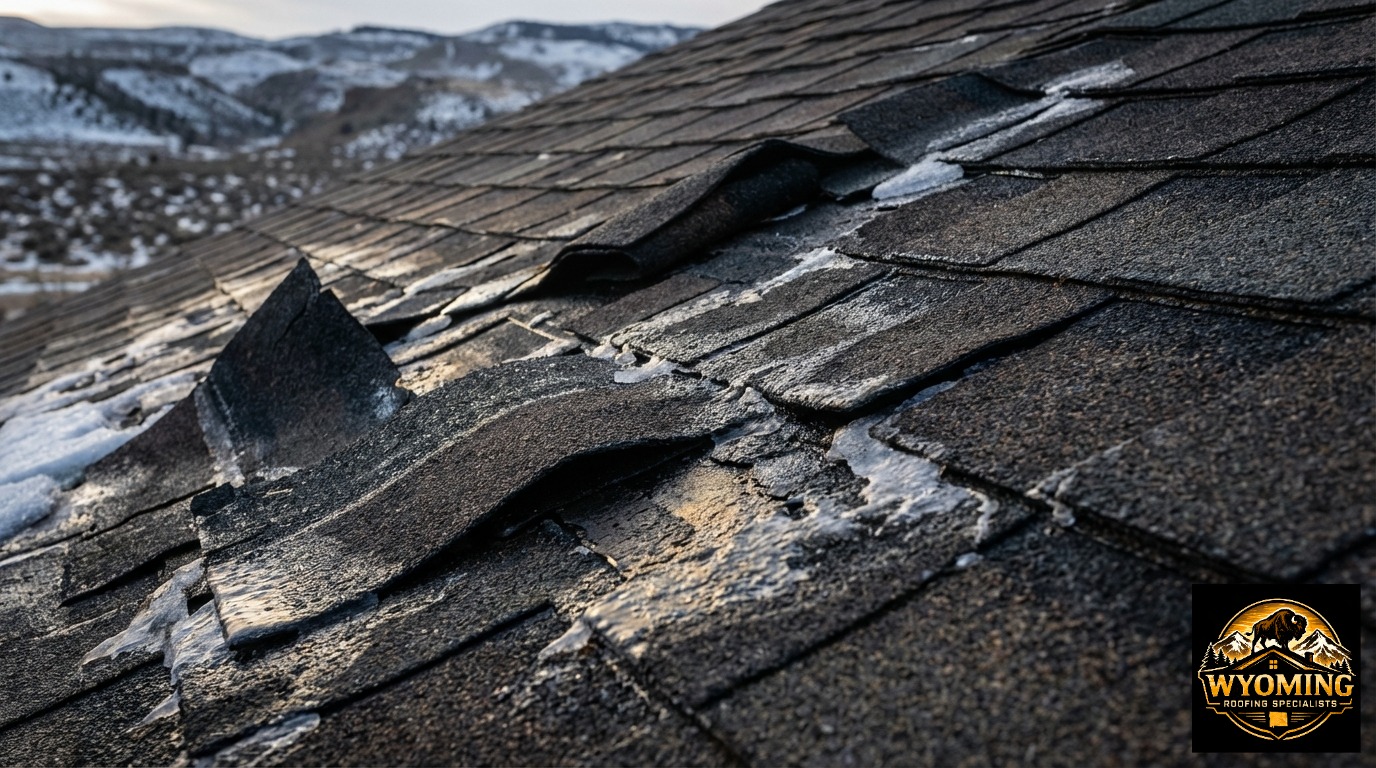 Close-up of failing asphalt roof shingles before professional storm damage repair in Wyoming
