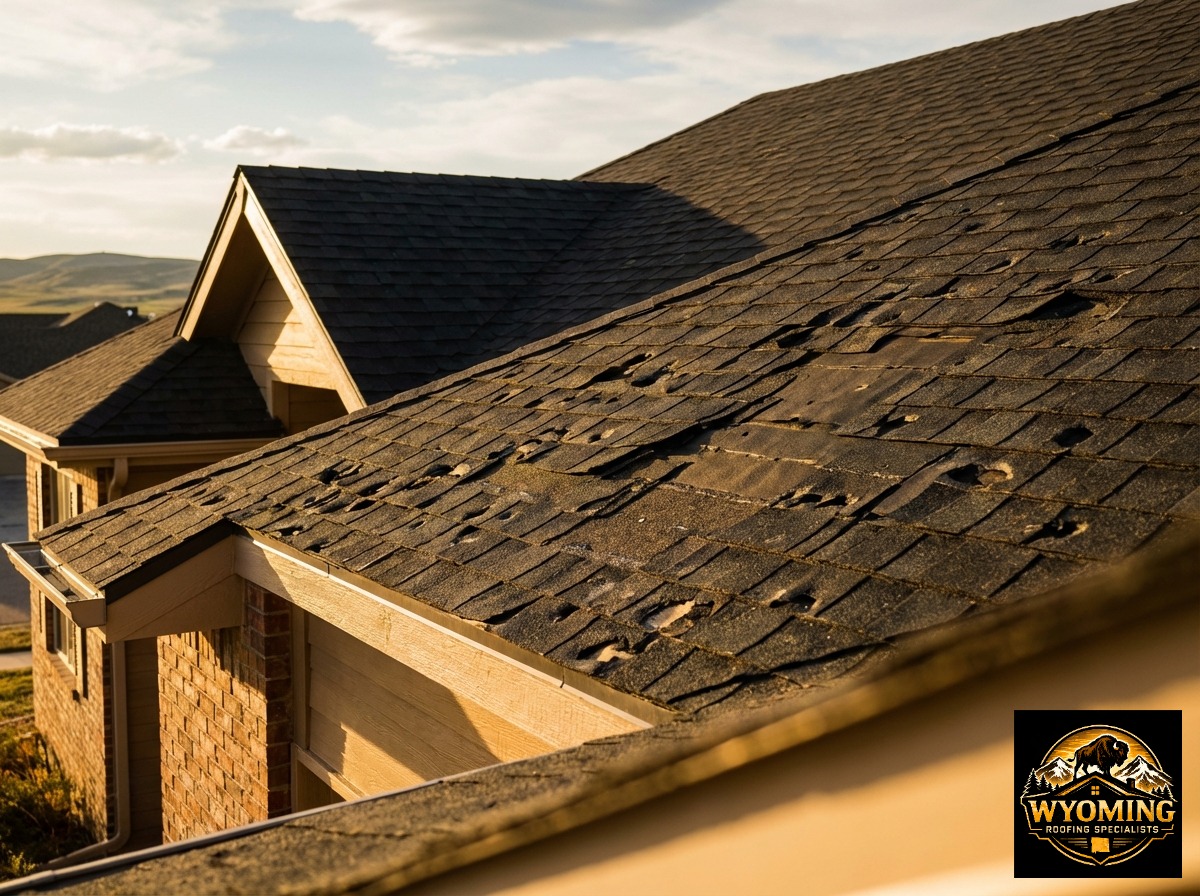 Severe storm and hail damage on a residential Wyoming asphalt shingle roof — missing materials and granular loss before repair