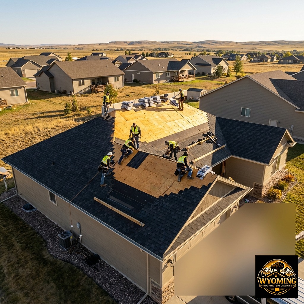 Drone aerial view showing structural layers of an active roofing installation on a Wyoming neighborhood home