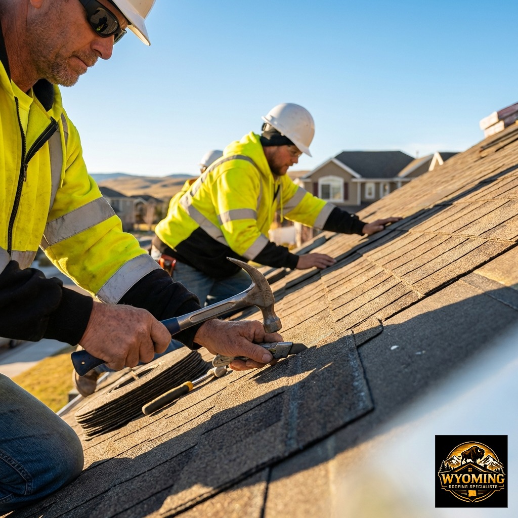 Professional roofers in high-visibility yellow safety gear applying asphalt shingles with precision craftsmanship