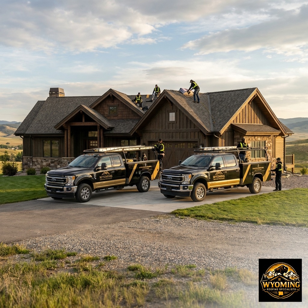 Branded Wyoming Roofing Specialists service trucks parked at a residential storm damage restoration site in Cheyenne