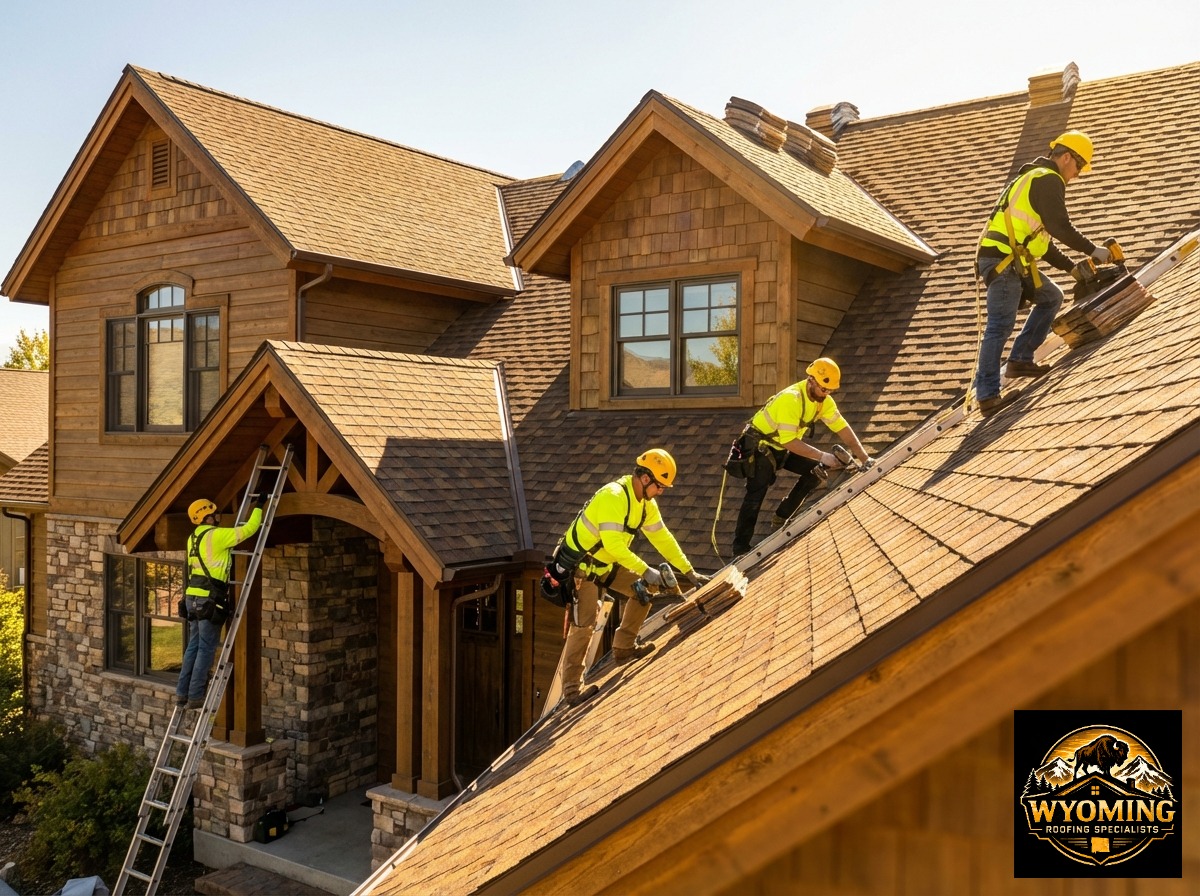 Professional roofing contractors installing a durable asphalt roof on a Wyoming residential home