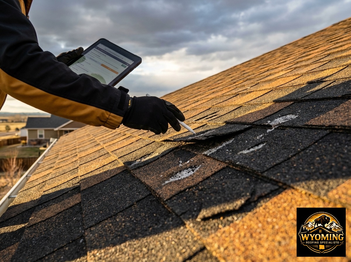 Close-up assessment of hail and wind damage on a residential asphalt roof in Wyoming