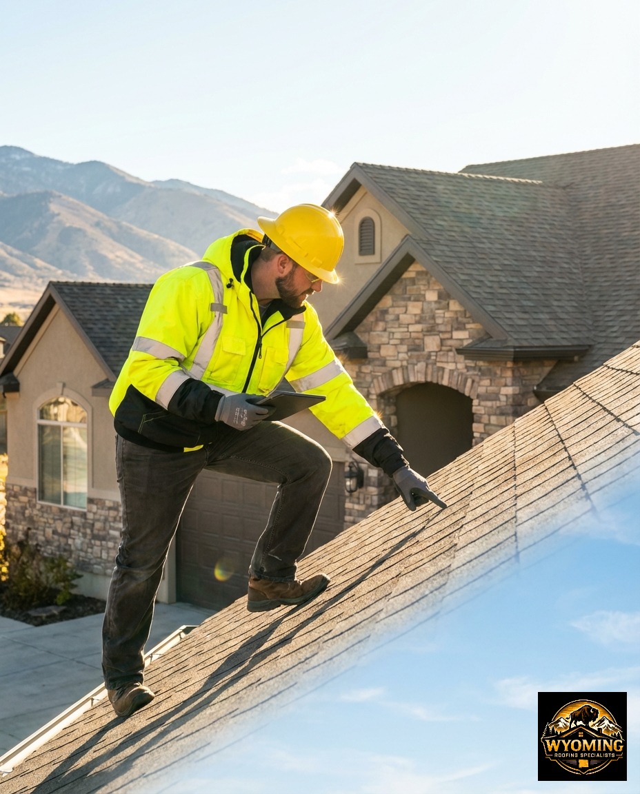Professional Wyoming Roofing Specialists contractor in high-visibility safety gear inspecting an asphalt roof for storm damage on a residential home