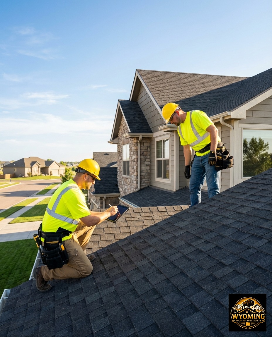 Professional roofers from Wyoming Roofing Specialists in high-visibility yellow safety gear conducting a thorough inspection on a residential asphalt roof in Cheyenne