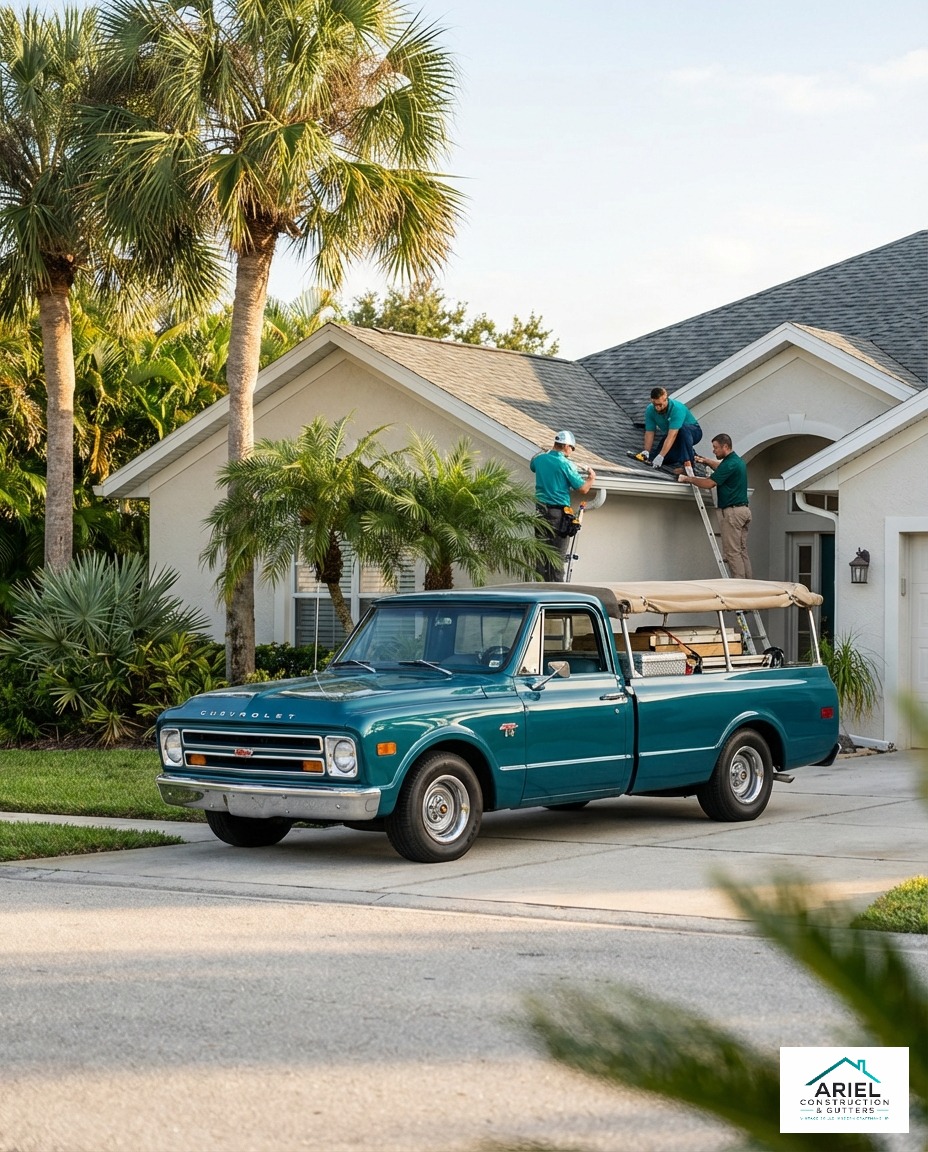 Ariel Construction and Gutters LLC vintage-style service truck at a Florida home