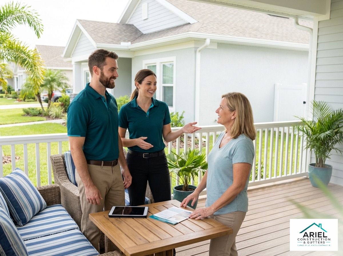 Ariel Construction and Gutters team having a friendly porch talk with a local Space Coast homeowner