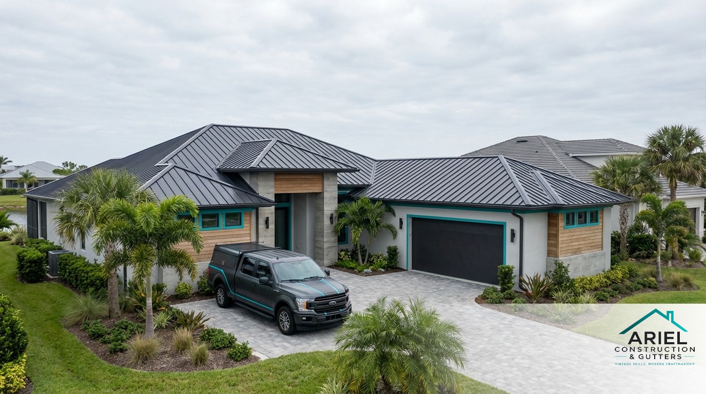 Aerial view of a pristine Florida roofing installation by Ariel Construction