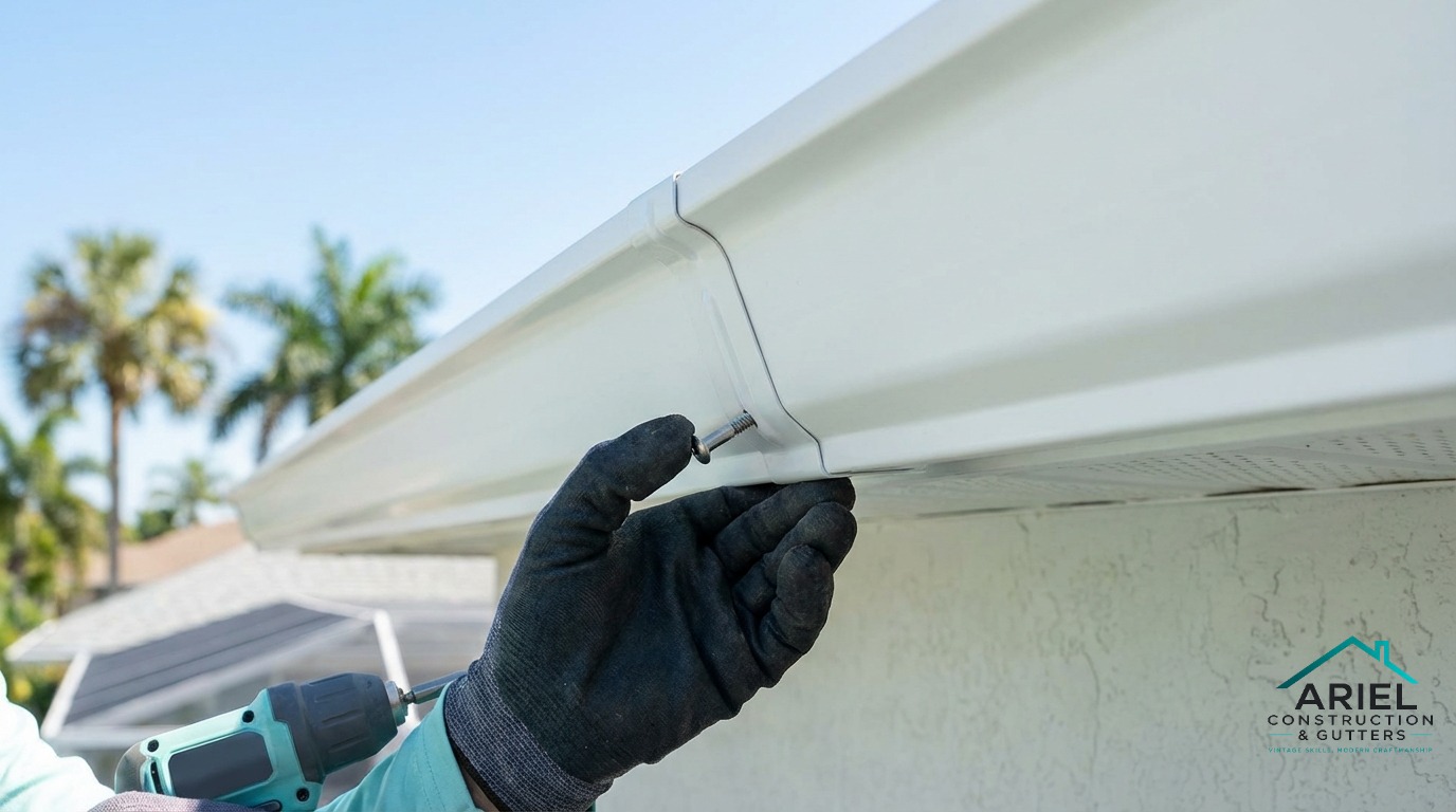 Close-up of a 6-inch seamless gutter installation on a Palm Bay home