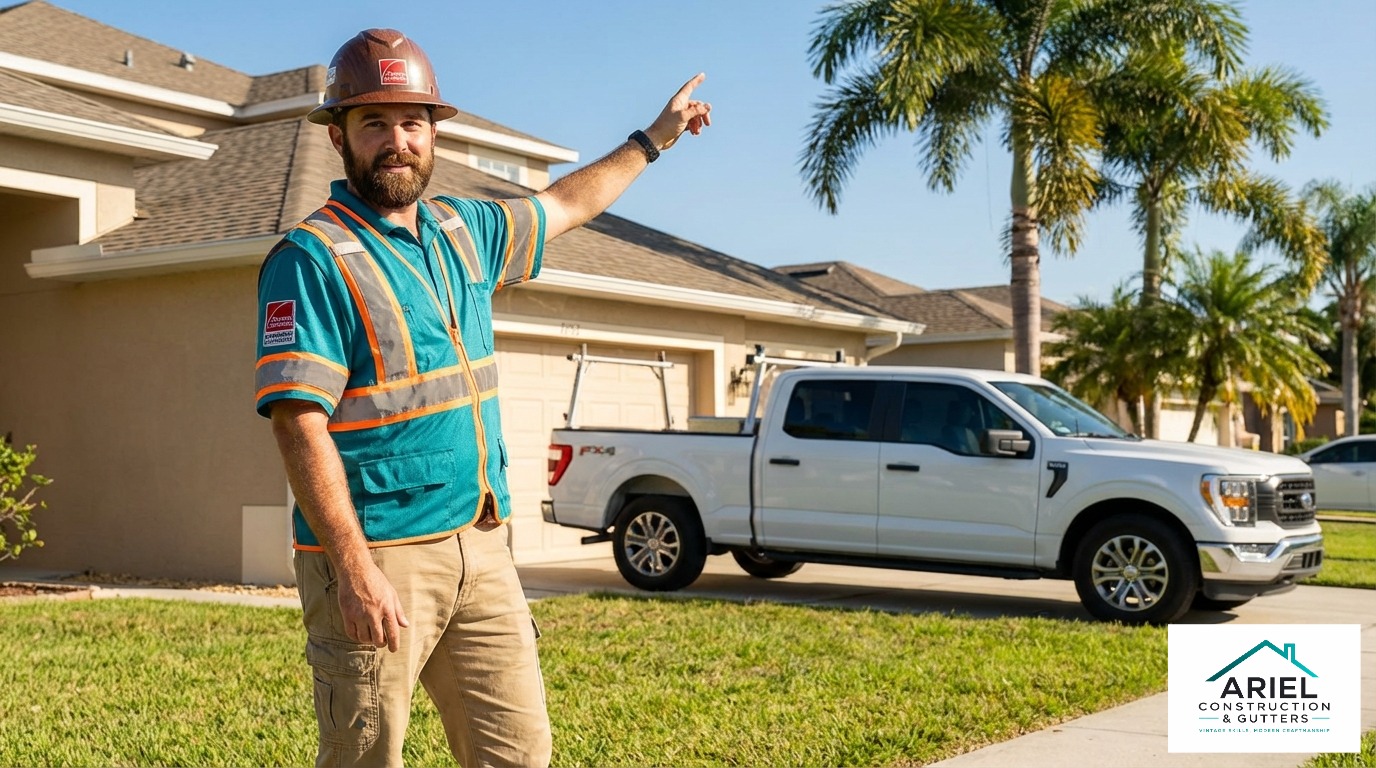 Ariel Construction team member performing a detailed roof and gutter exterior assessment on a Florida Space Coast home
