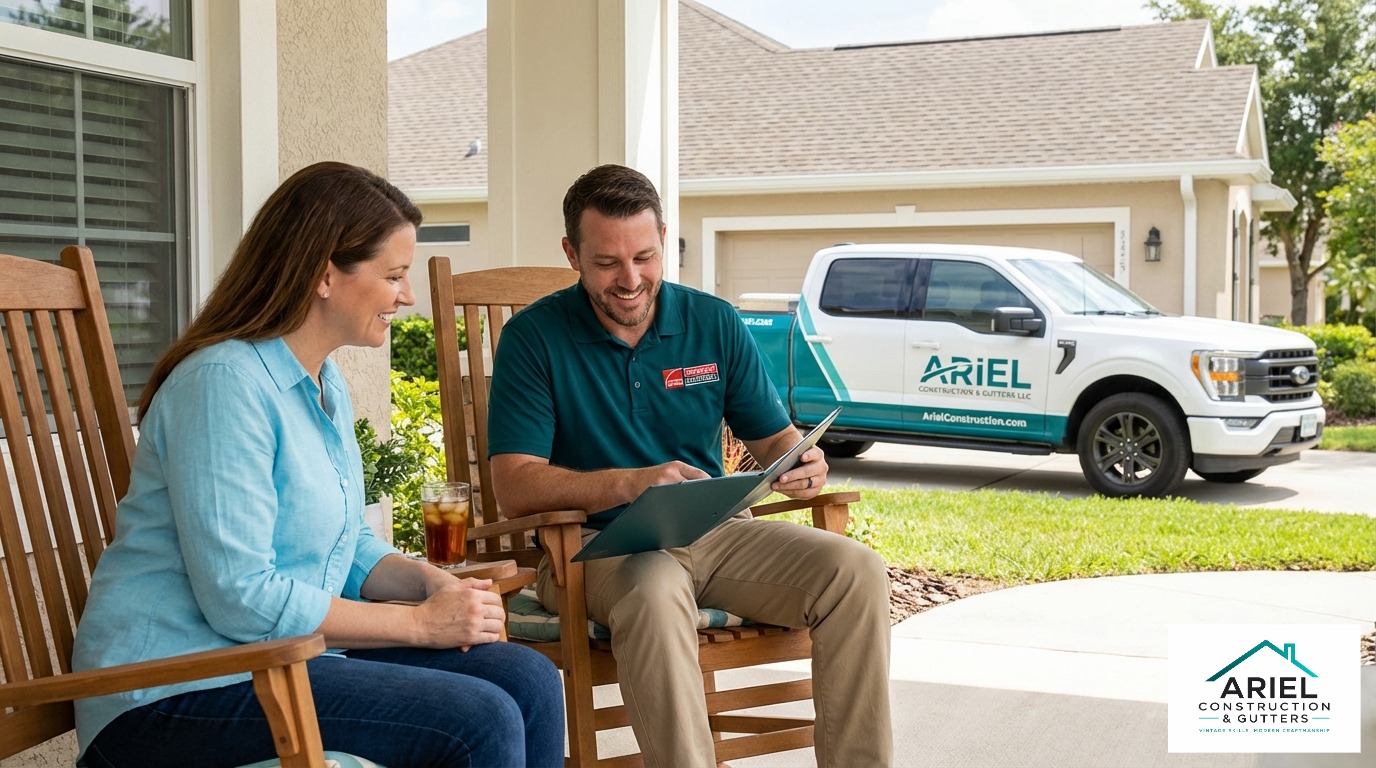 A professional contractor discussing a clear, custom plan with a homeowner on their front porch in Brevard County