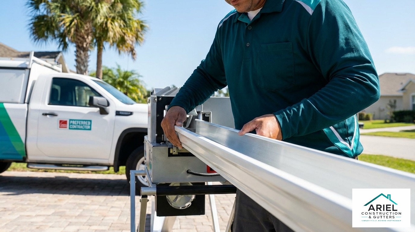 Expert team members installing 6-inch seamless aluminum gutters using precision on-site custom work