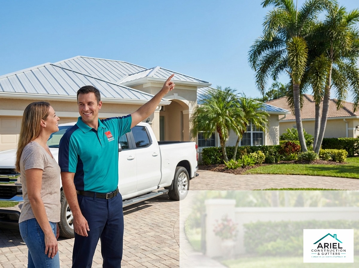 Professional roofing team member inspecting a Brevard County suburban home