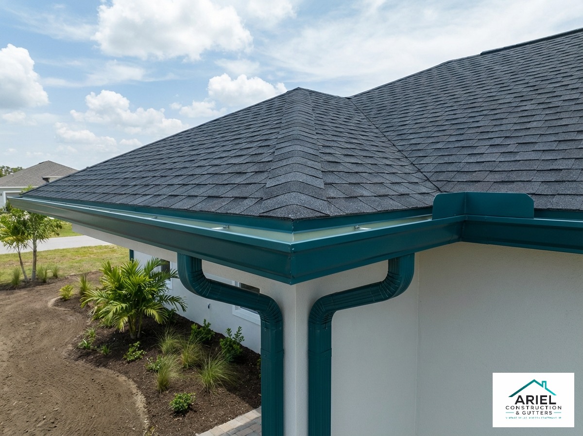 Close-up of clean, symmetrical roofing and seamless gutters post-installation in Florida