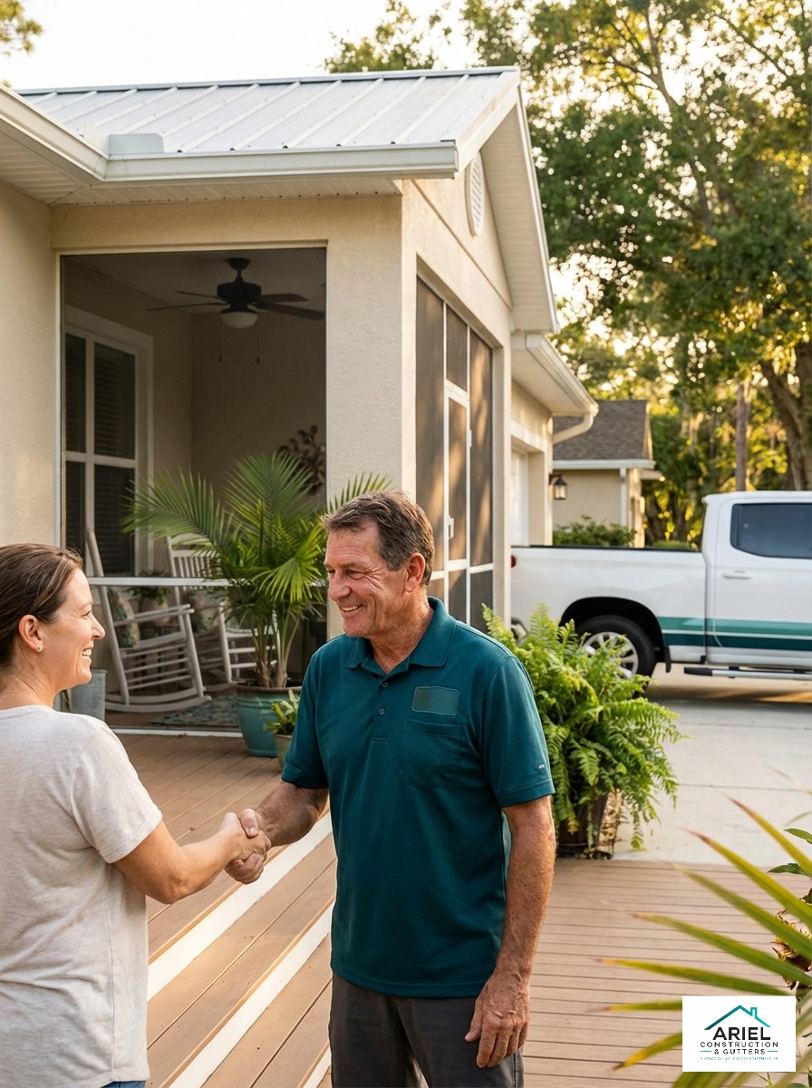Ariel Construction owners talking to a local homeowner on their porch in Brevard County