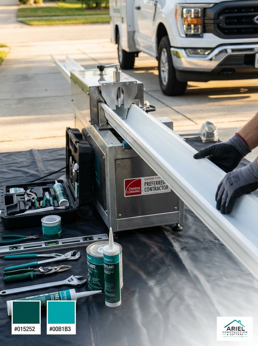Close-up of a seamless gutter machine custom-cutting 6-inch aluminum gutters on site
