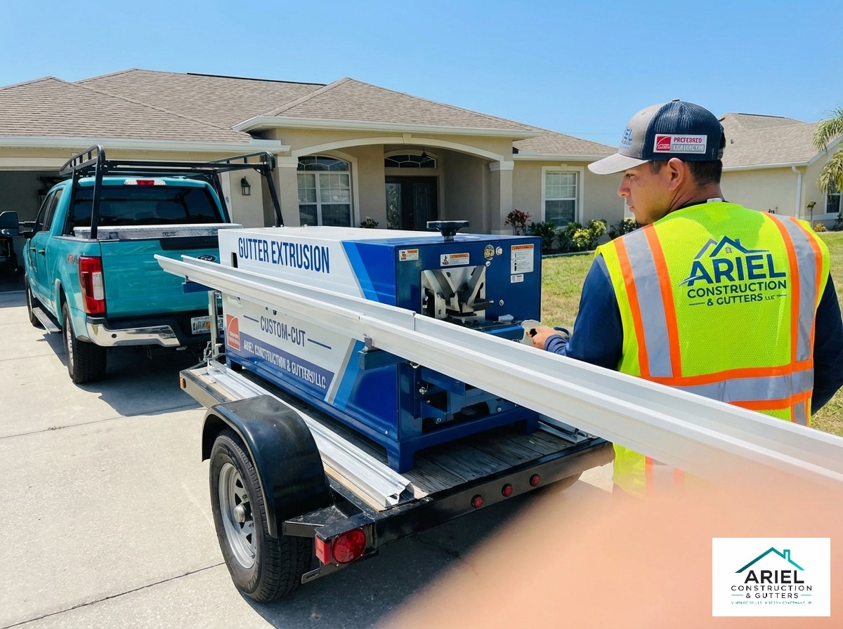 Gutter machine custom-cutting 6-inch seamless aluminum on a Florida job site