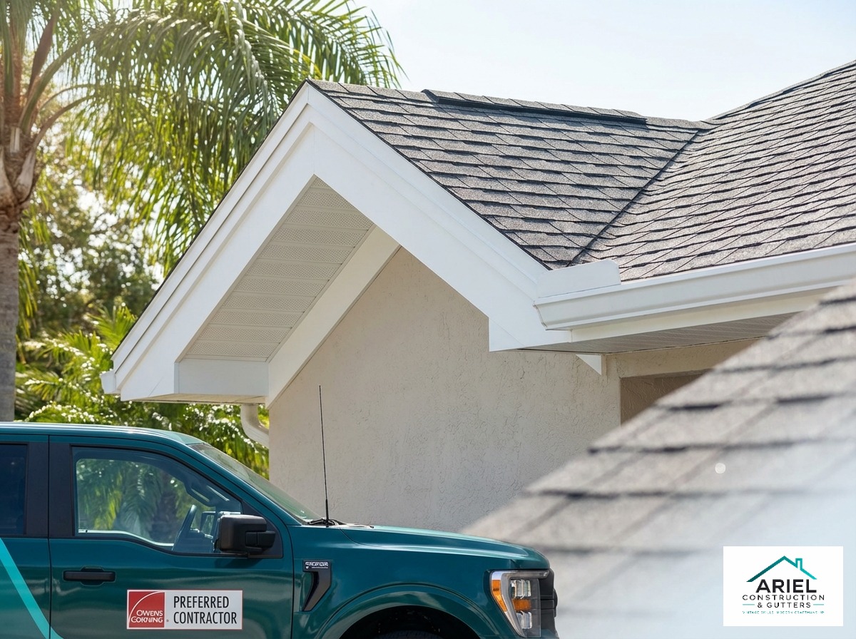 Freshly restored roofline with new fascia, soffit, and Owens Corning shingles