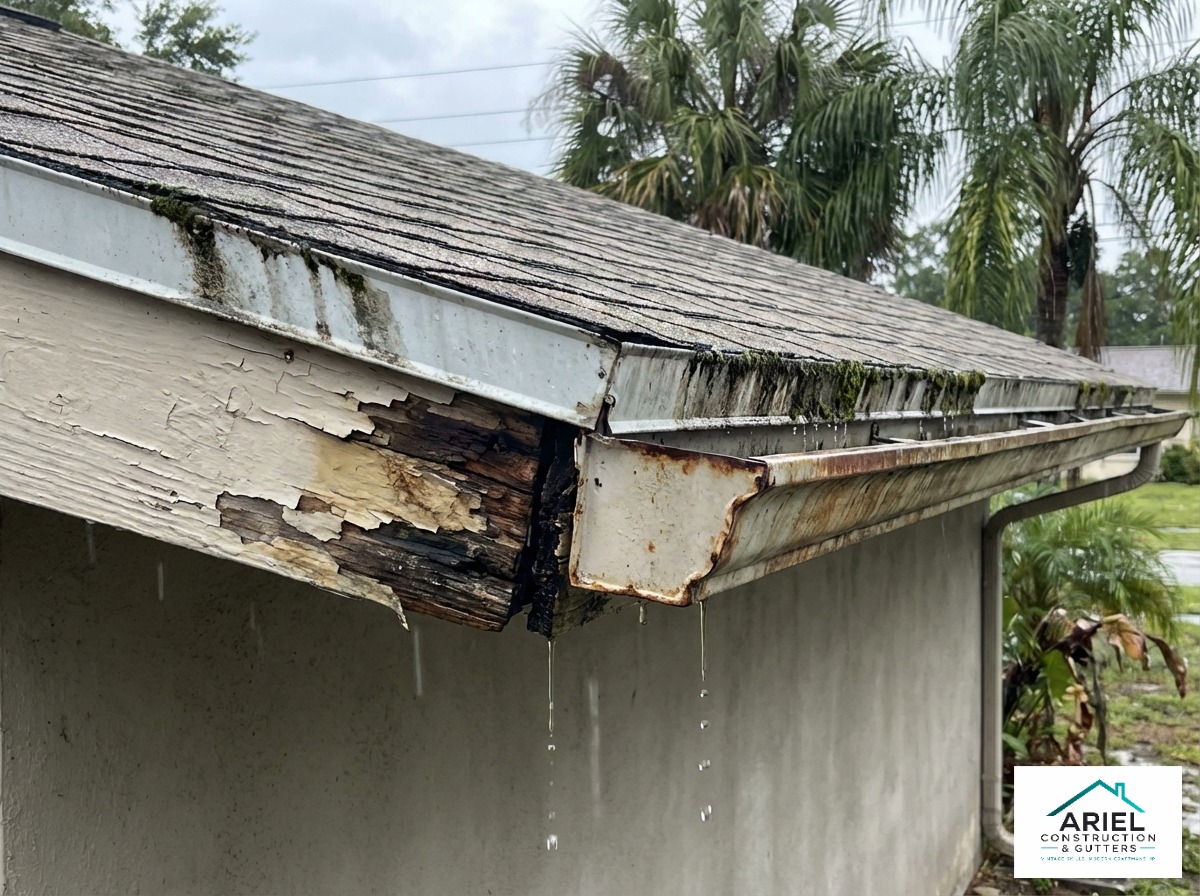Weathered and leaking roofline edge before restoration