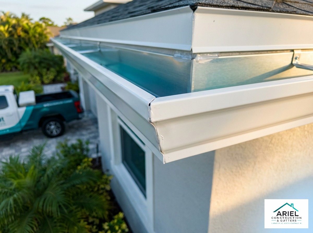 Close-up of a precision miter joint on a newly installed seamless gutter system