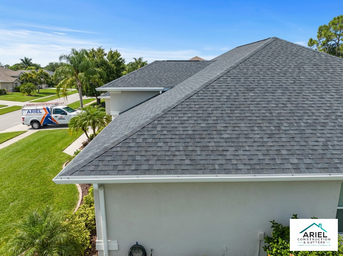 Drone view of symmetrical Owens Corning architectural shingles installed on a Space Coast home