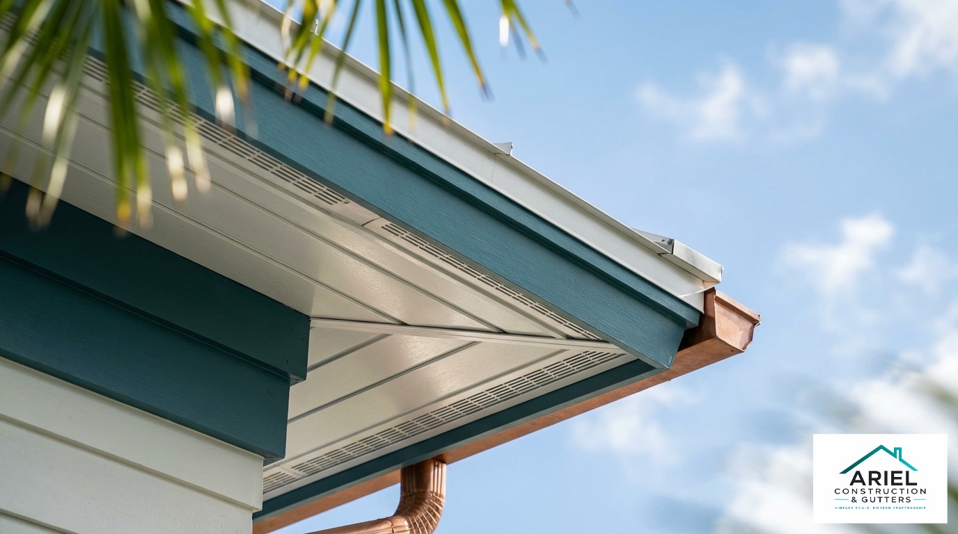Macro detail of newly installed wood grain soffit and fascia on a Florida coastal home