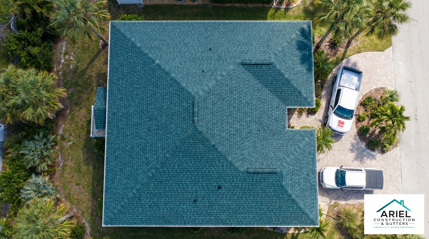 Drone photography showing a beautifully restored, storm-ready roof pattern against a bright Florida sky