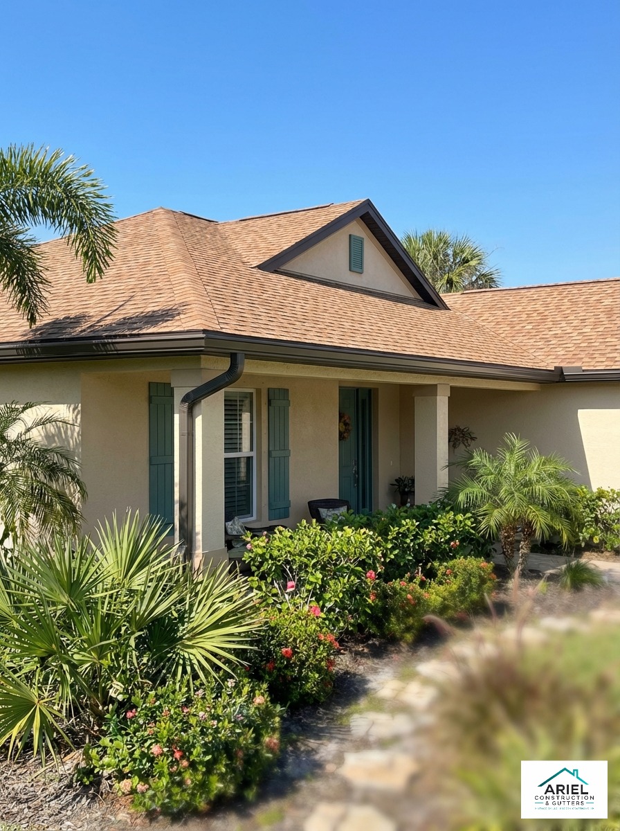 Beautifully maintained classic Florida suburban home with clean architectural roofing and seamless gutters