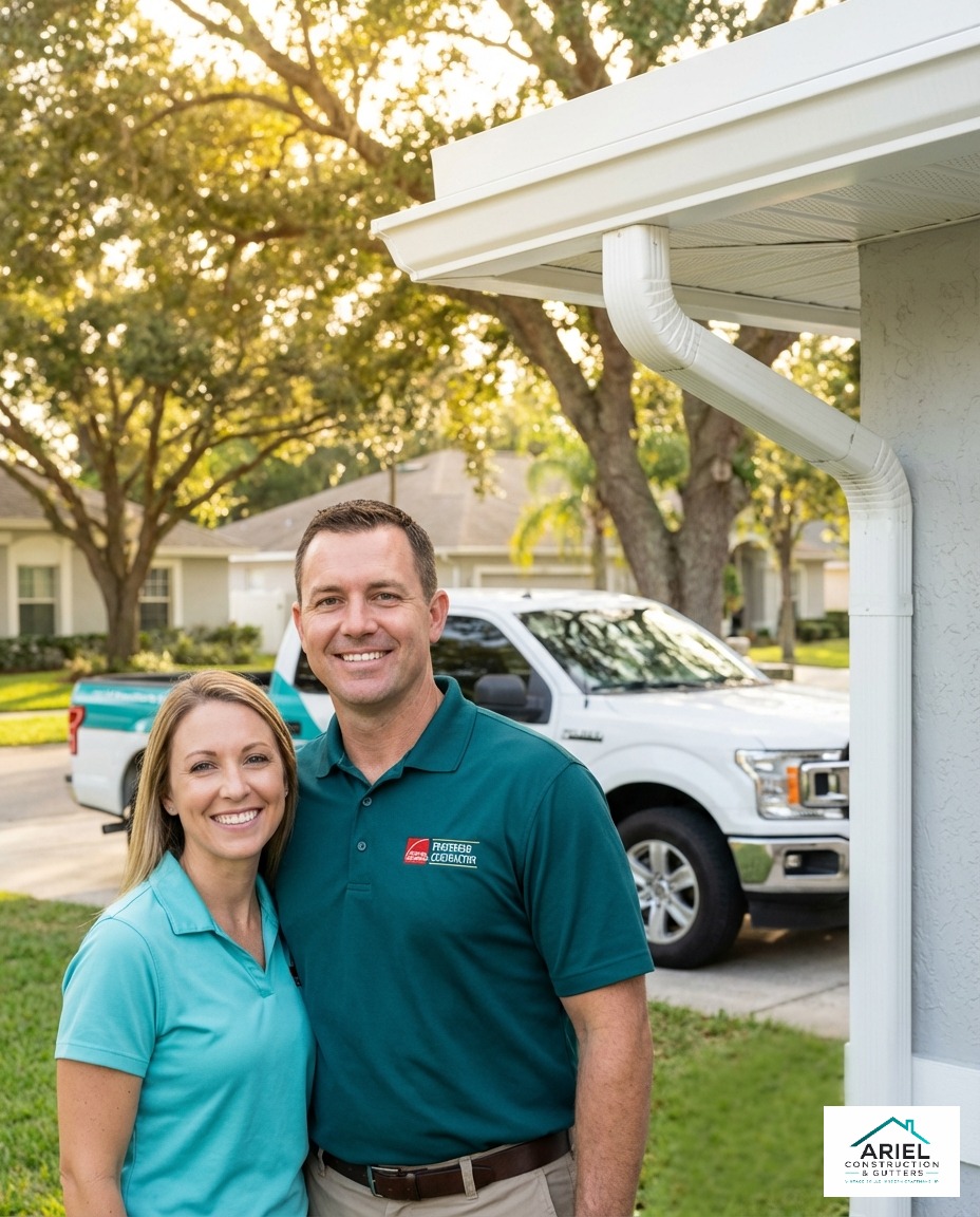 Ariel Construction and Gutters team standing near a newly installed Florida roof and seamless gutter system