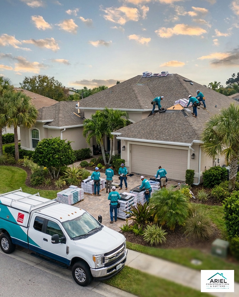 Ariel Construction and Gutters team finishing a new residential roof and seamless gutters in Brevard County