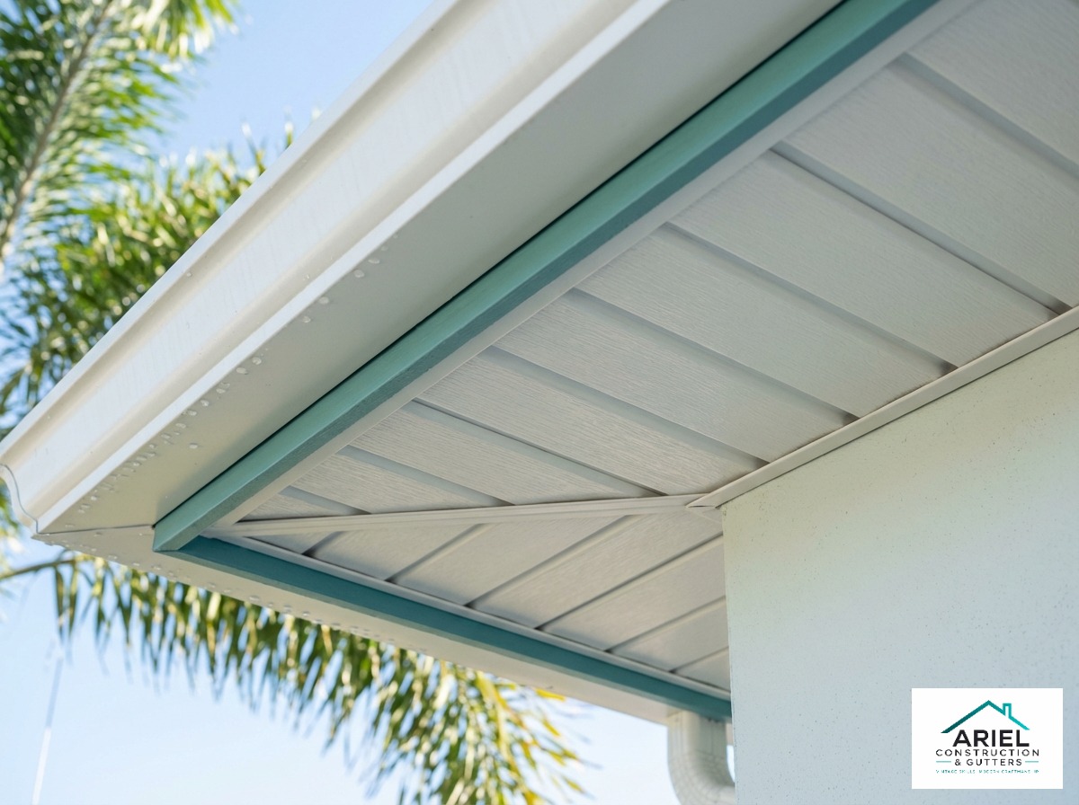 Detailed macro shot showing precision installation of new soffit and fascia on a coastal home