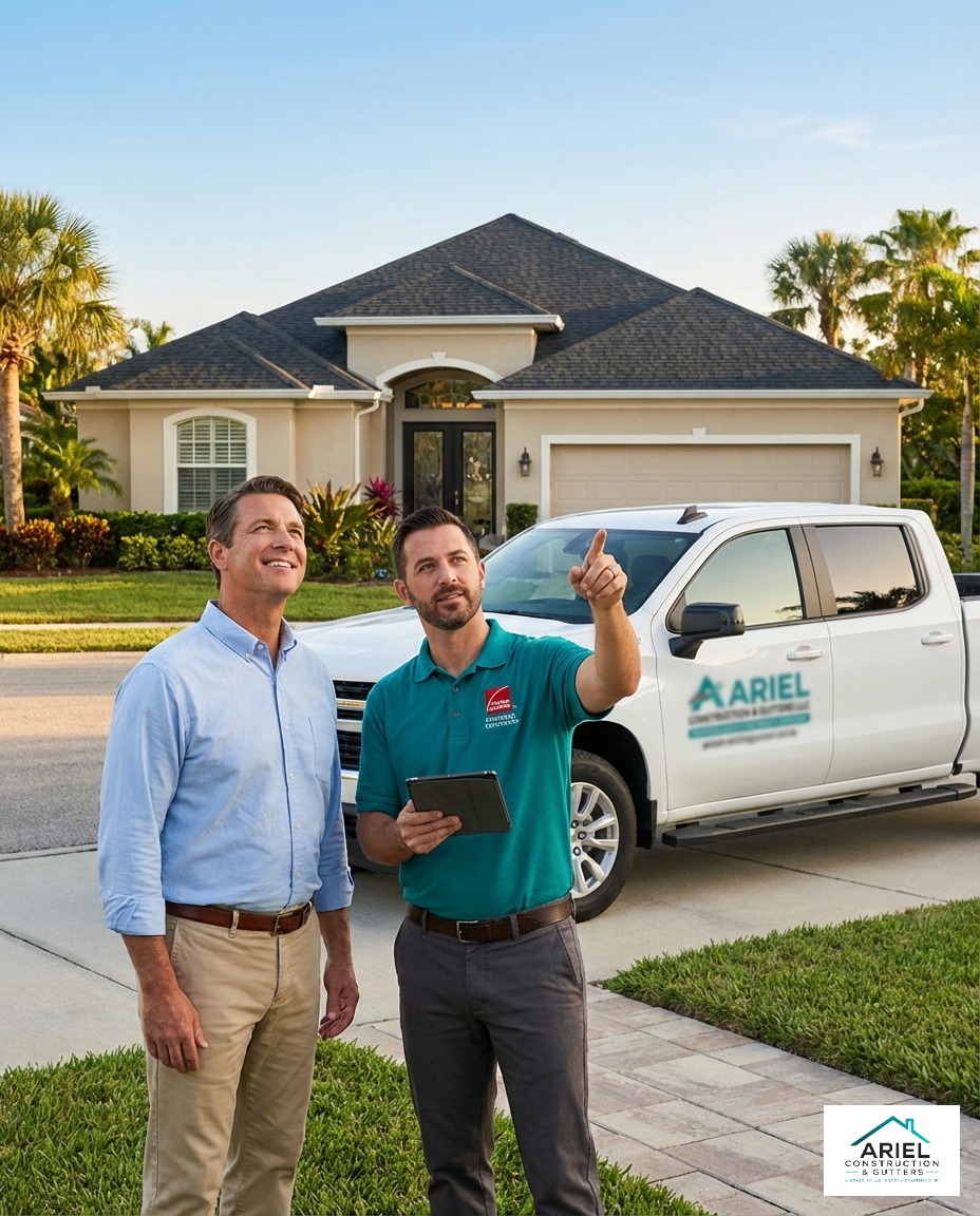 Local Florida homeowner shaking hands with Ariel Construction expert after successful roof installation