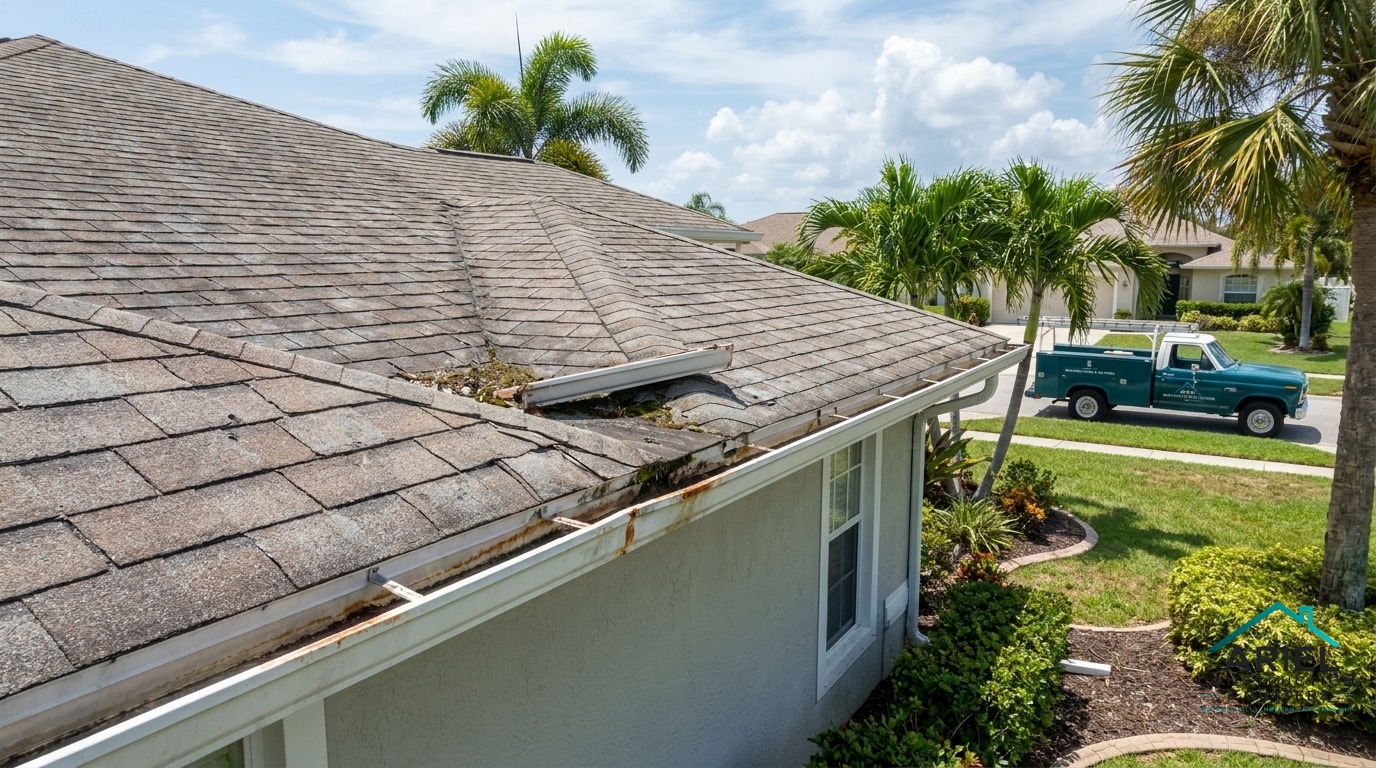Florida home roof showing age and storm wear prior to restoration