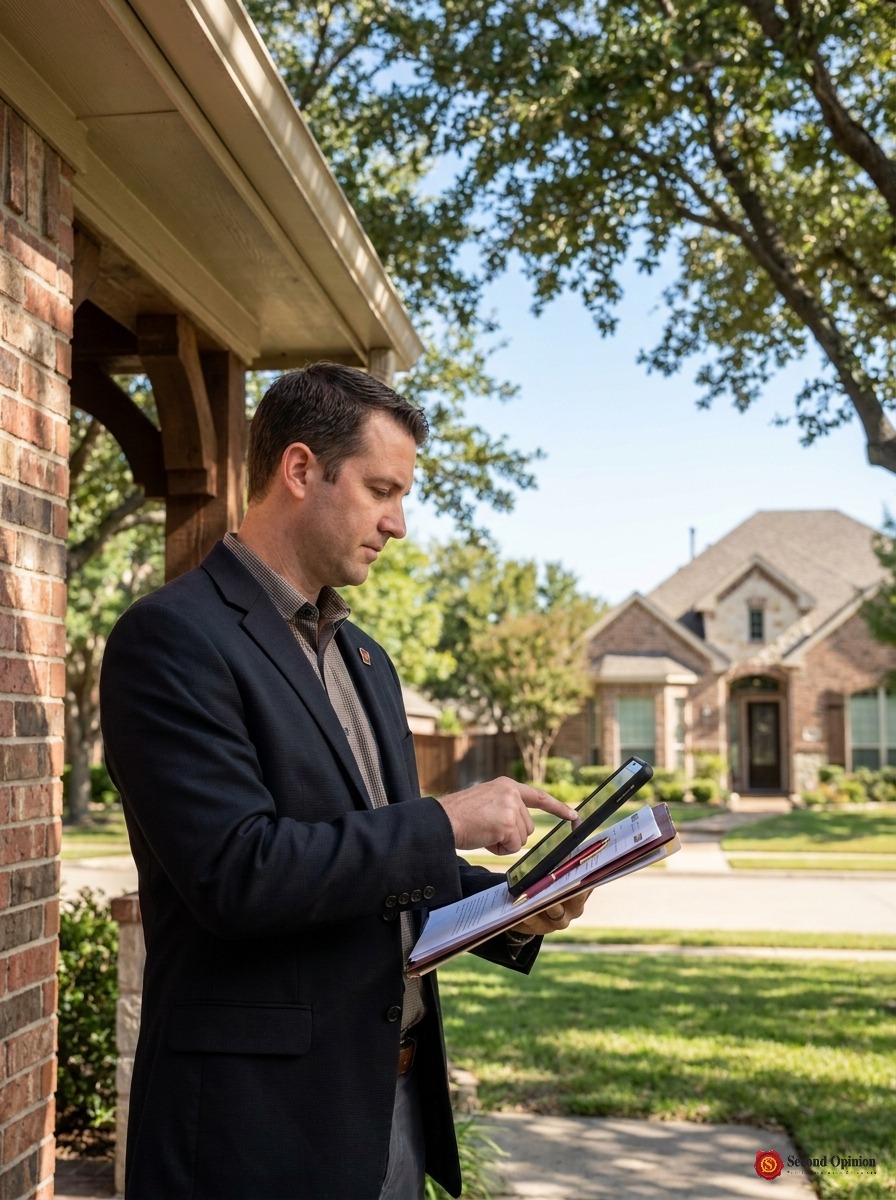 Professional public adjuster reviewing property damage documentation during an assessment in Texas