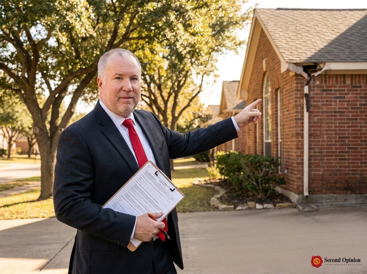 Public adjuster reviewing a successfully settled property claim document in a sunny Texas neighborhood