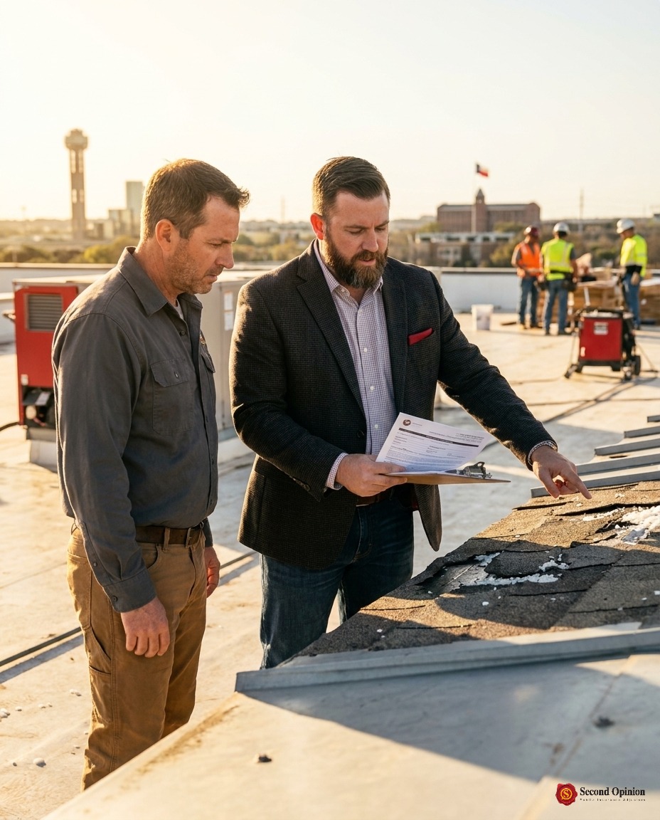 Professional public adjuster consulting with a commercial property owner on-site in Fort Worth