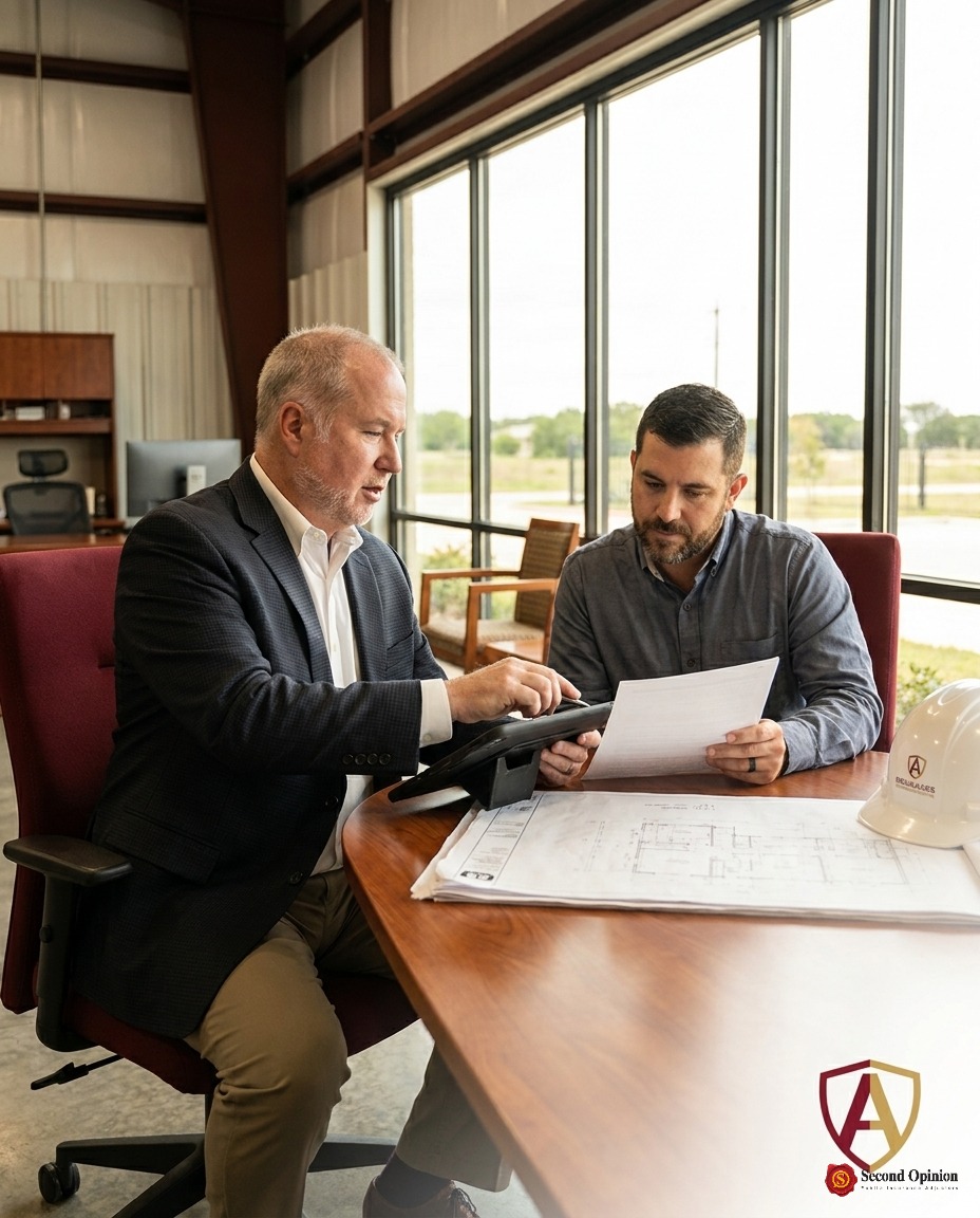 Professional public adjuster assessing commercial property damage with a business owner in Texas