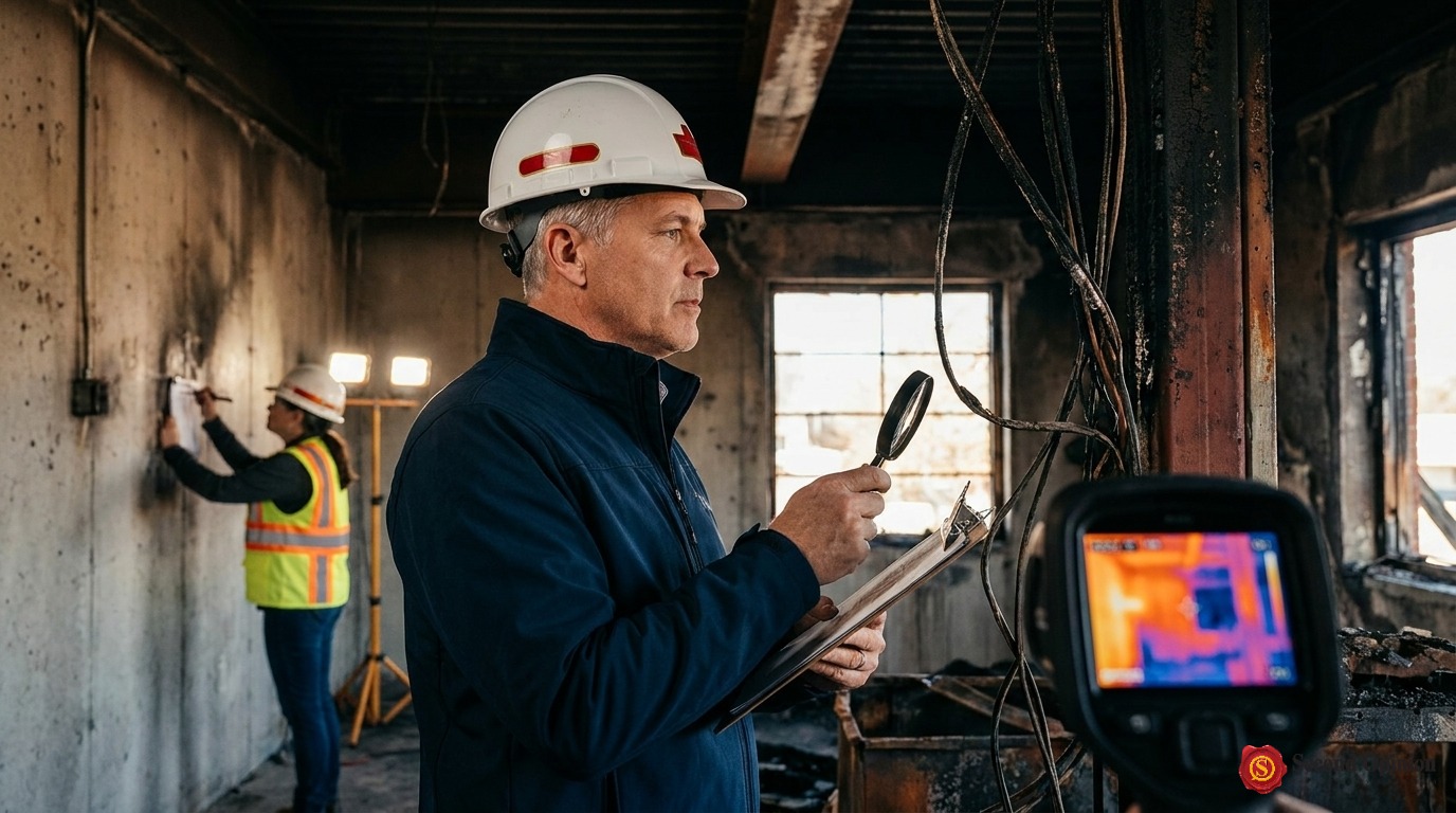 Professional public adjuster inspecting severe fire damage on a commercial property