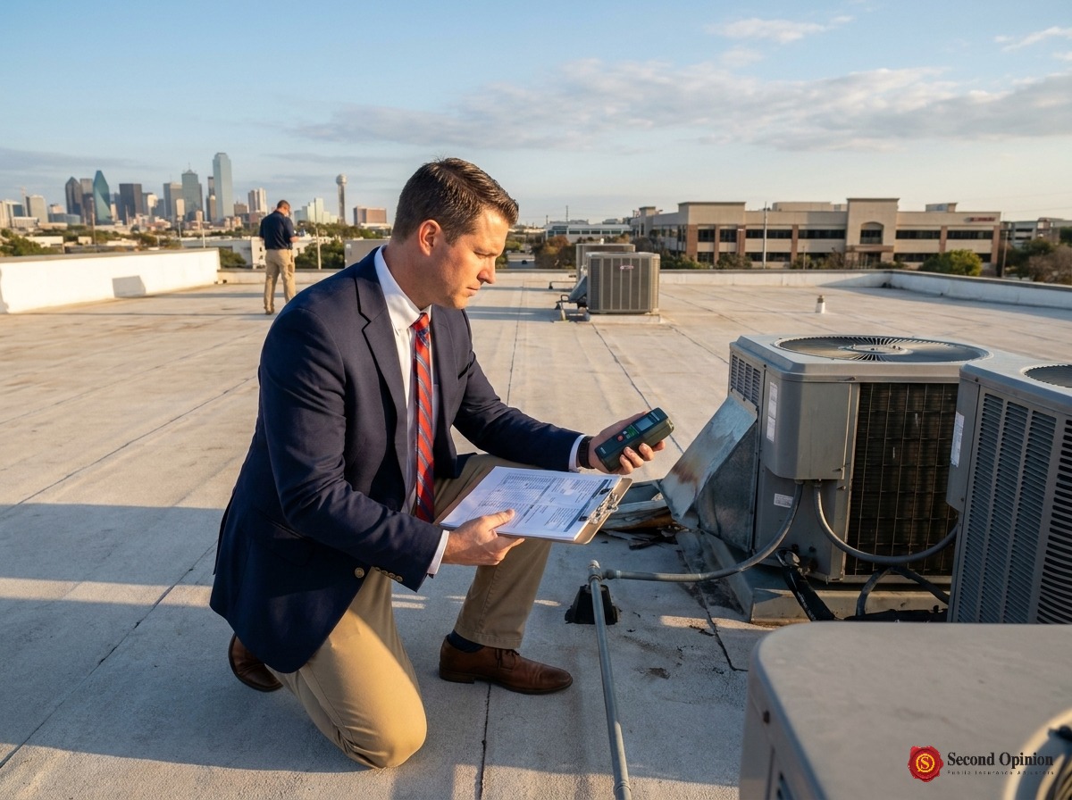 Public adjuster inspecting structural damage on a commercial property roof