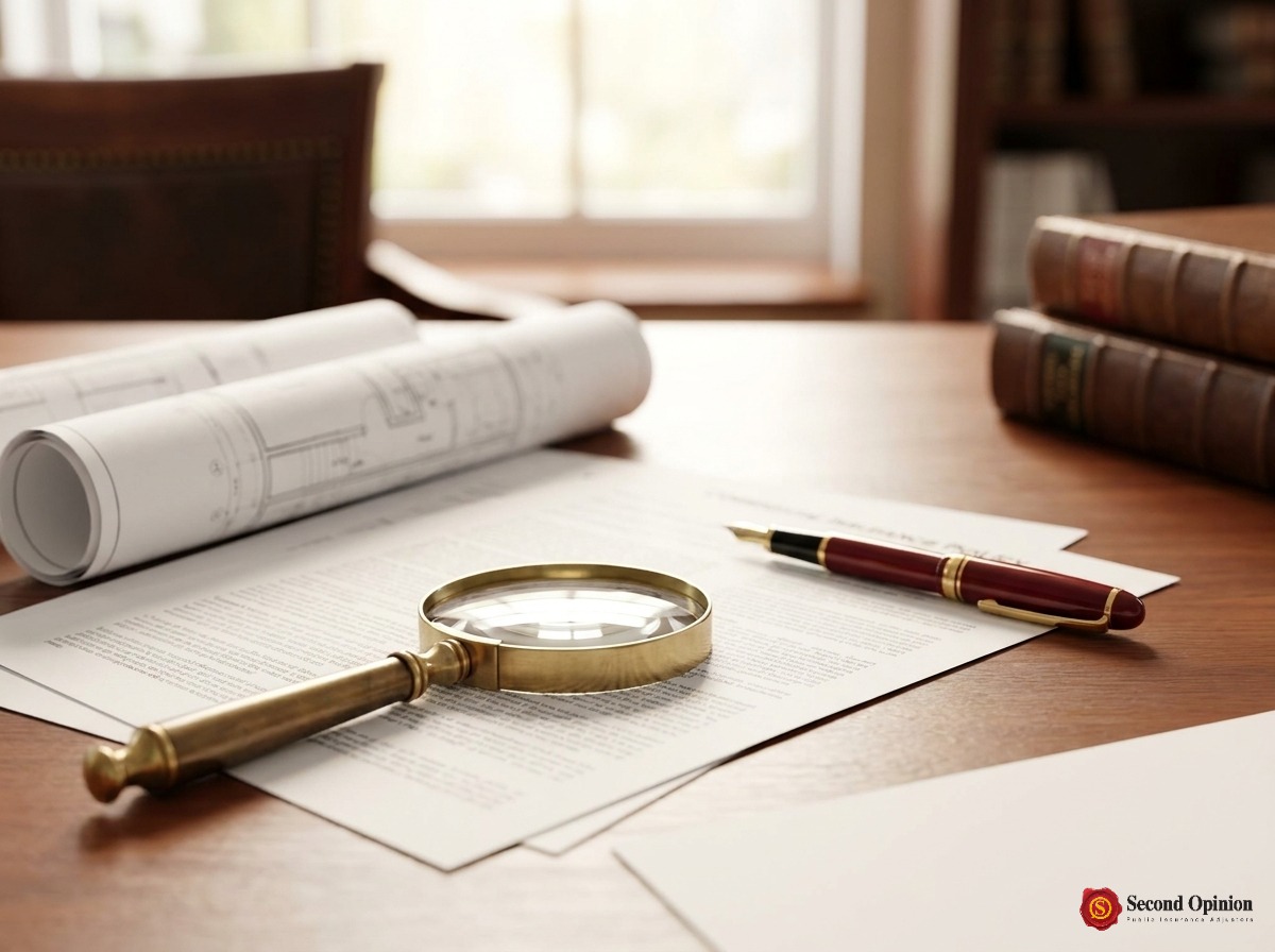 Insurance policy documents on a desk being reviewed by a public adjuster