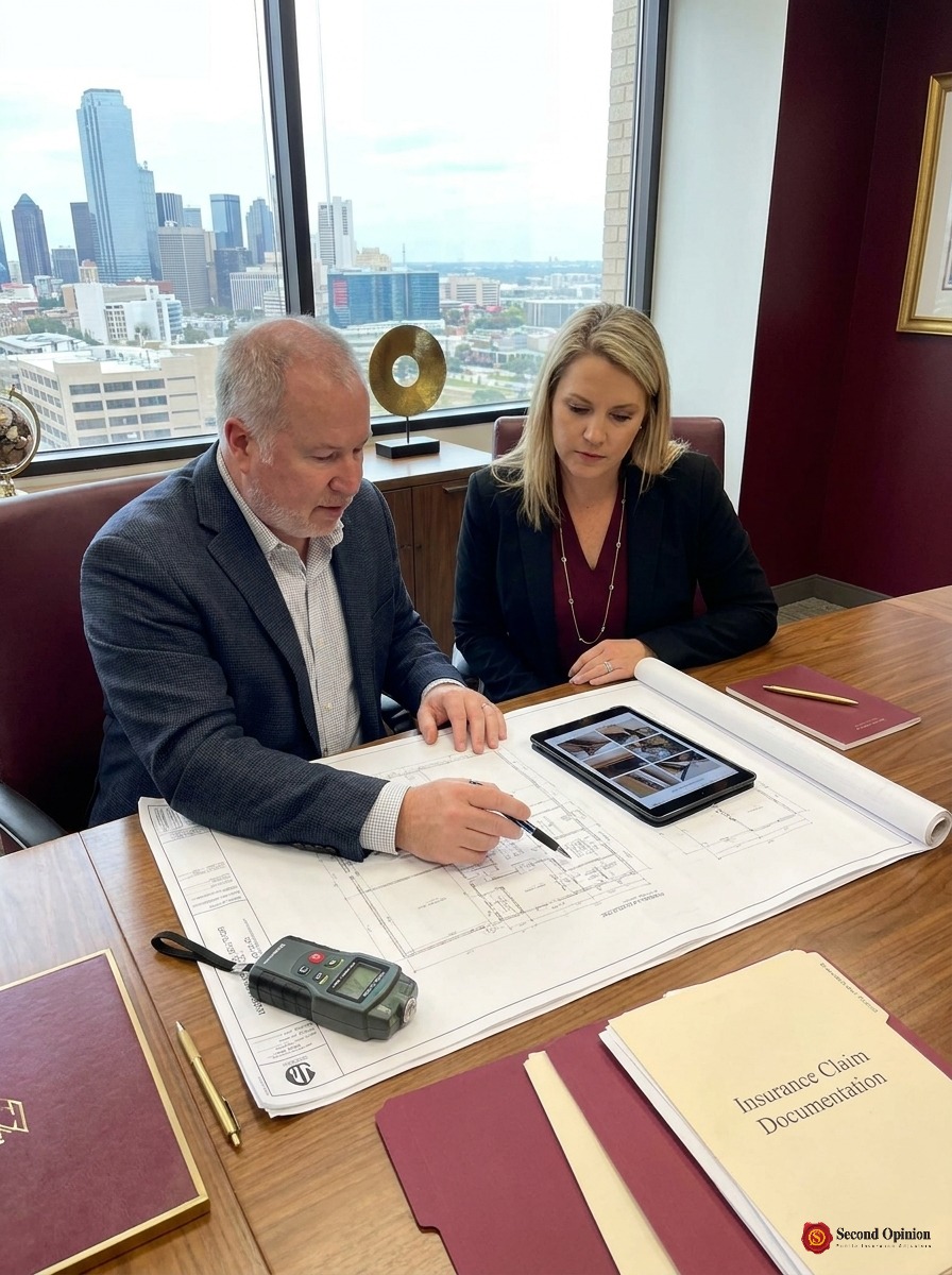 Public adjuster examining commercial property damage documentation with a business owner