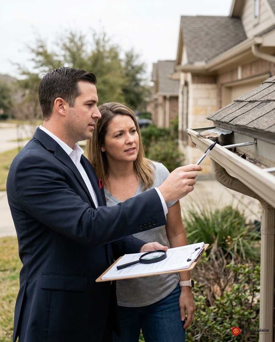 Professional public adjuster reviewing residential property damage with a Texas homeowner