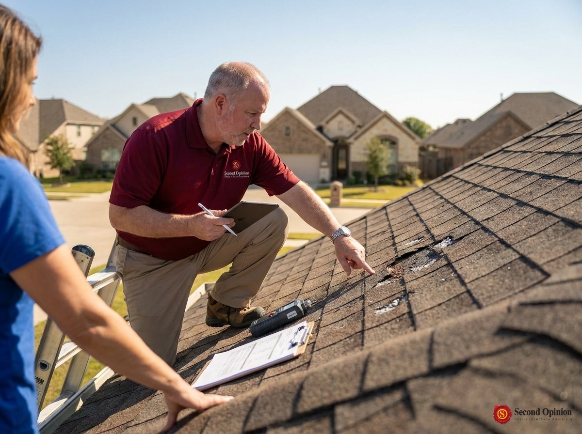 Professional public adjuster assessing residential roof damage in Texas